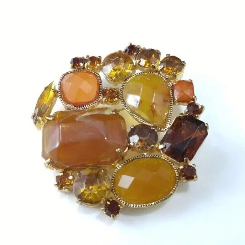Vintage Topaz Cabochons & Rhinestones Brooch, Light Dark Topaz, Gold Tone, 2 In